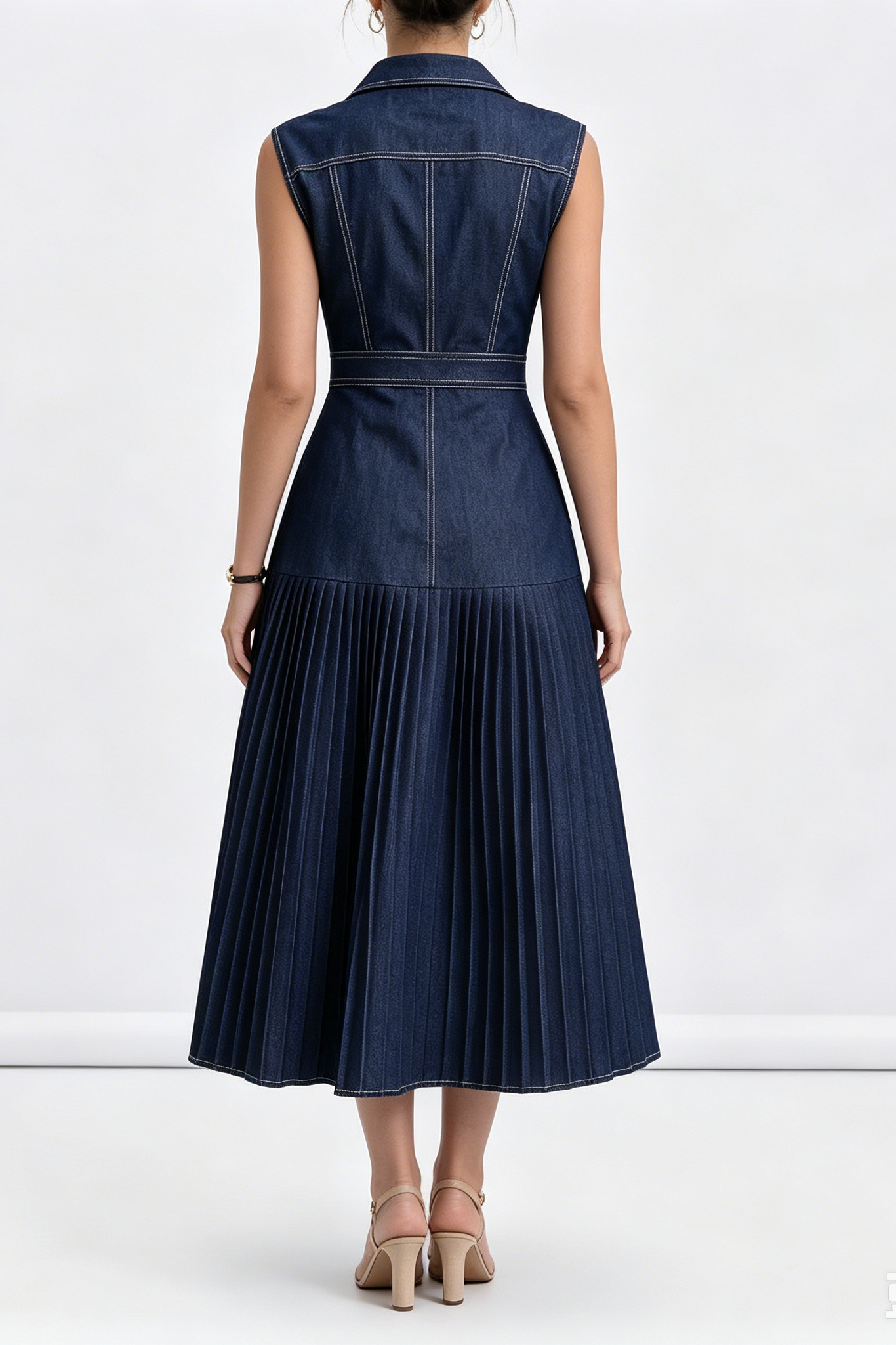 A_B_2 DARK DENIM SLEEVELESS CARGO POCKET SHIRT TOP PLEATED MIDI DRESS