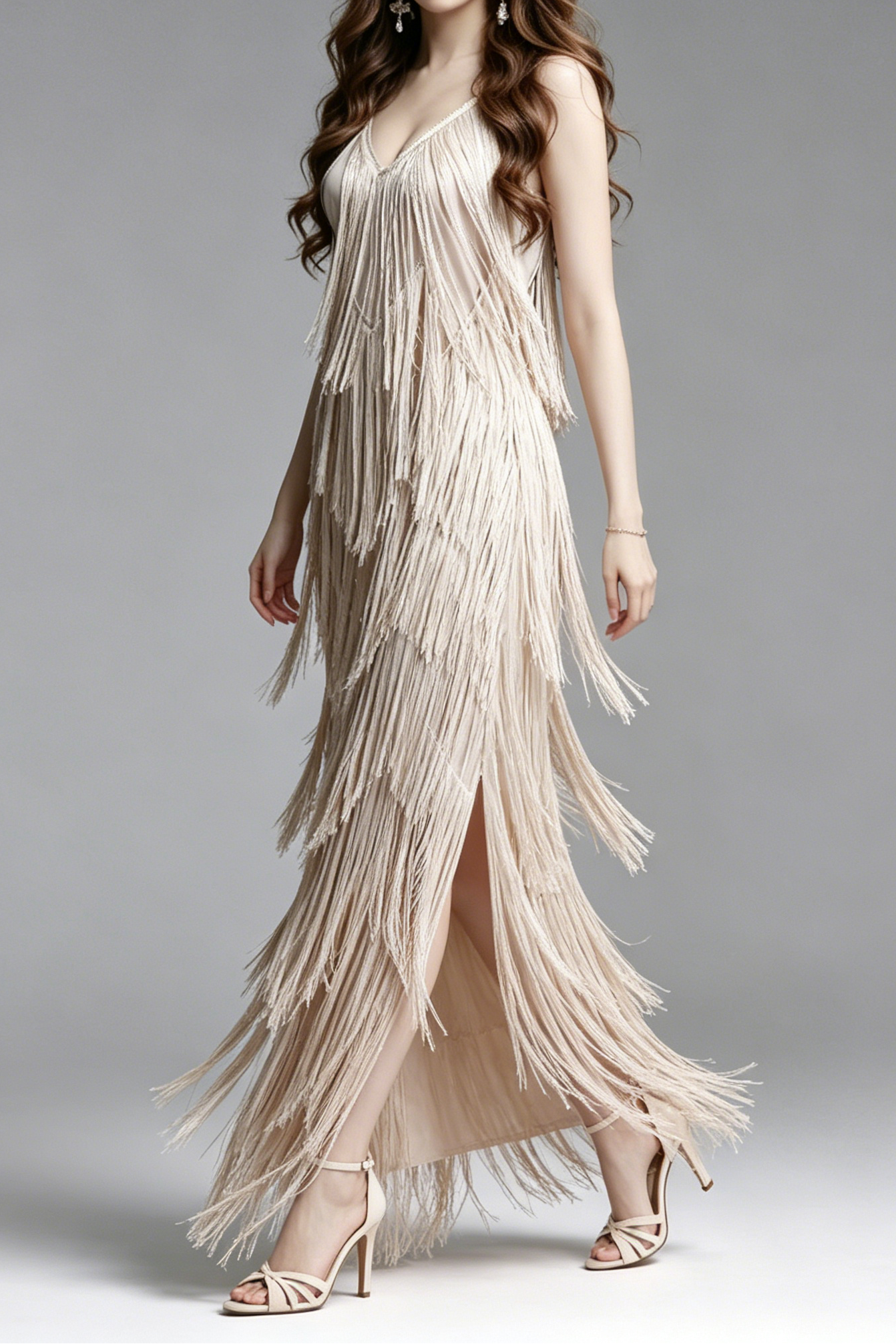 A_B_20 CHAMPAGNE FRINGE V-NECK MAXI PARTY DRESS