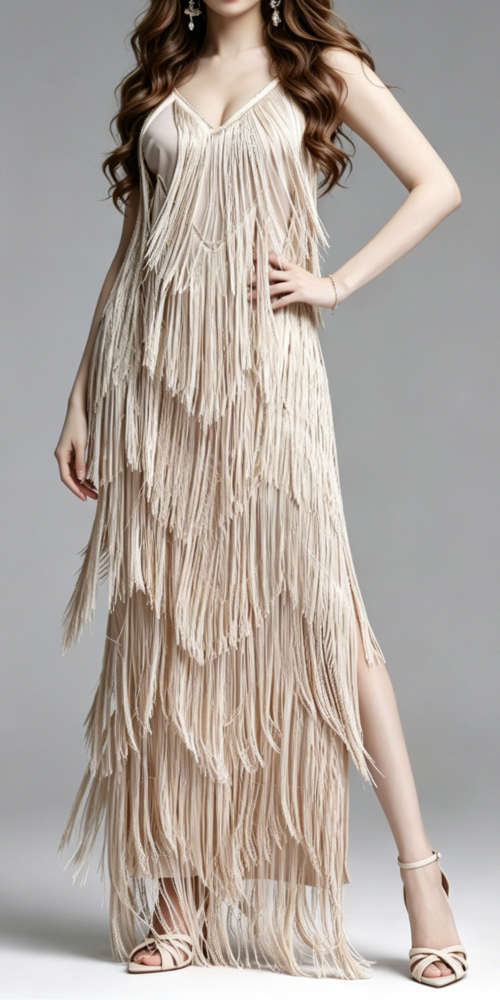 A_B_21 CHAMPAGNE FRINGE V-NECK MAXI PARTY DRESS