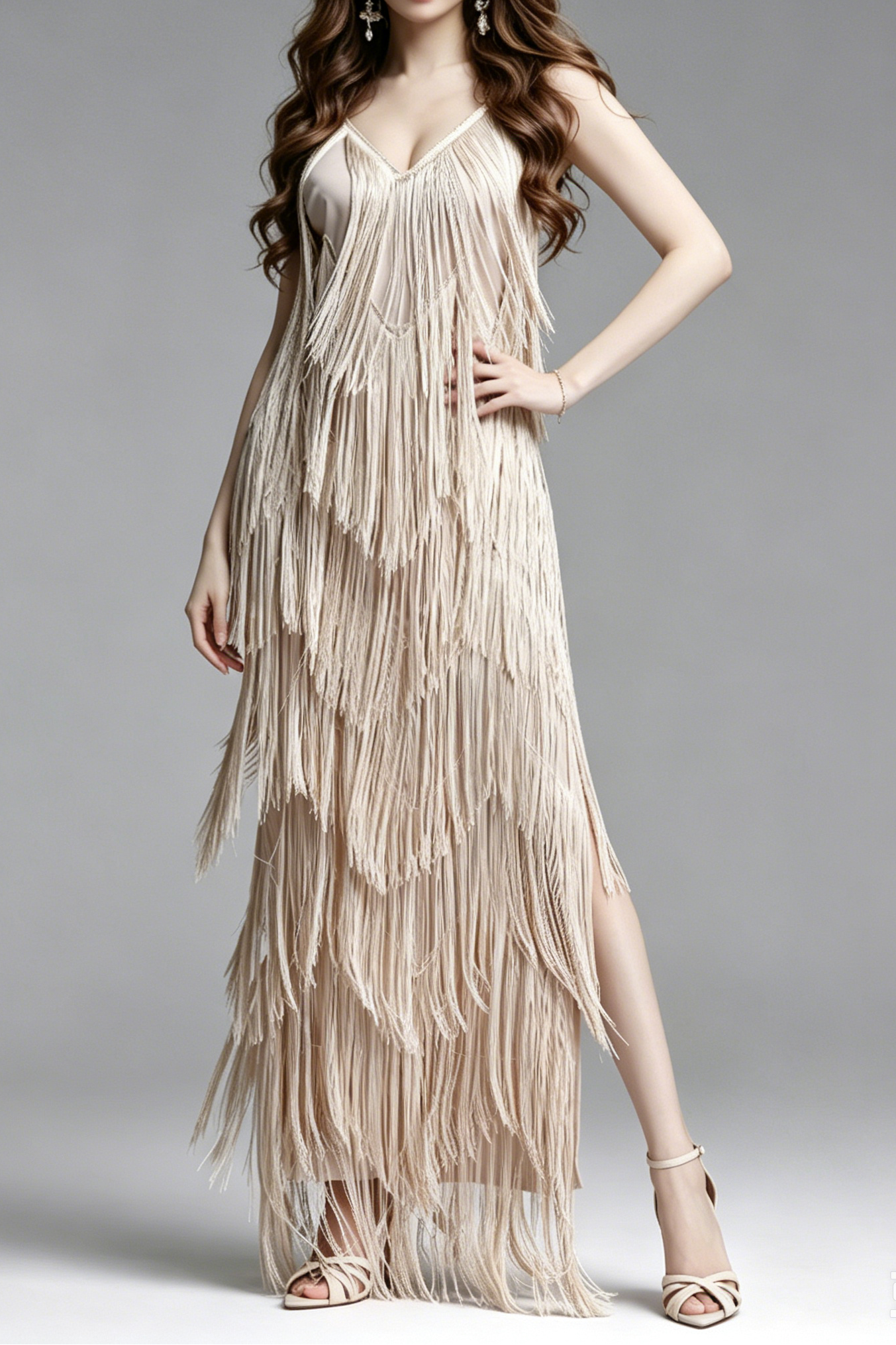 A_B_21 CHAMPAGNE FRINGE V-NECK MAXI PARTY DRESS