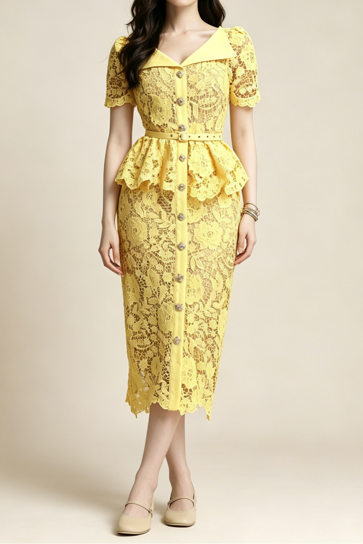 LEMON FLORAL LACE PEPLUM MIDI DRESS W/ LAPEL COLLAR