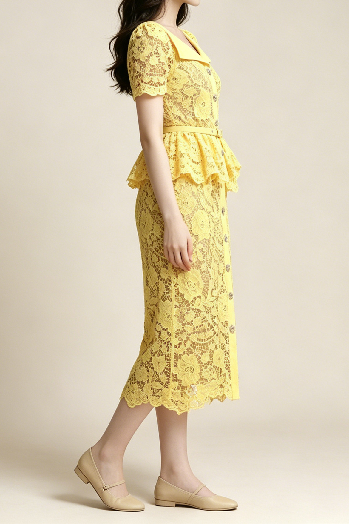 LEMON FLORAL LACE PEPLUM MIDI DRESS W/ LAPEL COLLAR