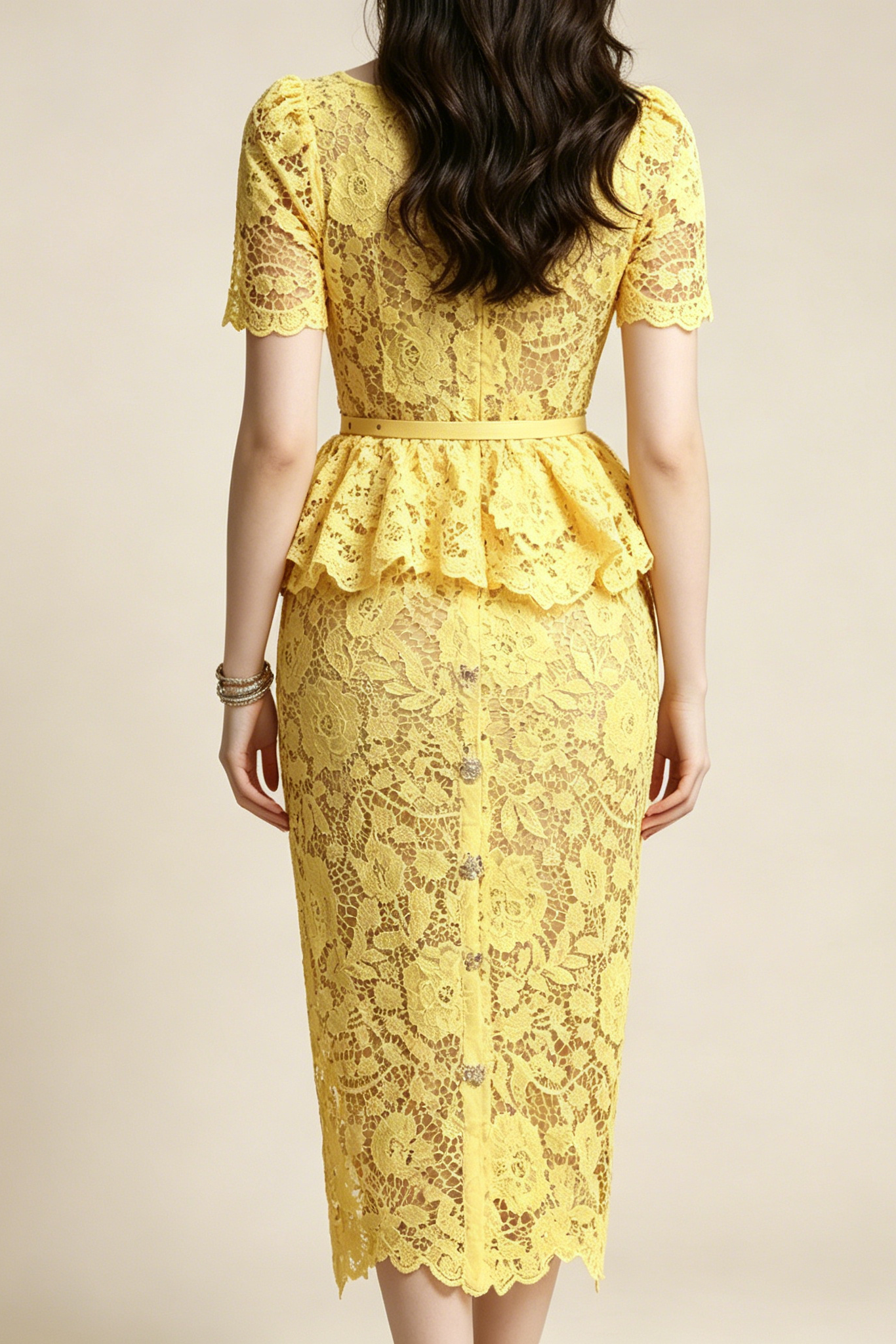 LEMON FLORAL LACE PEPLUM MIDI DRESS W/ LAPEL COLLAR