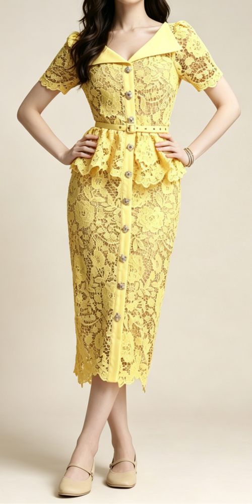 A_B_27 LEMON FLORAL LACE PEPLUM MIDI DRESS W/ LAPEL COLLAR