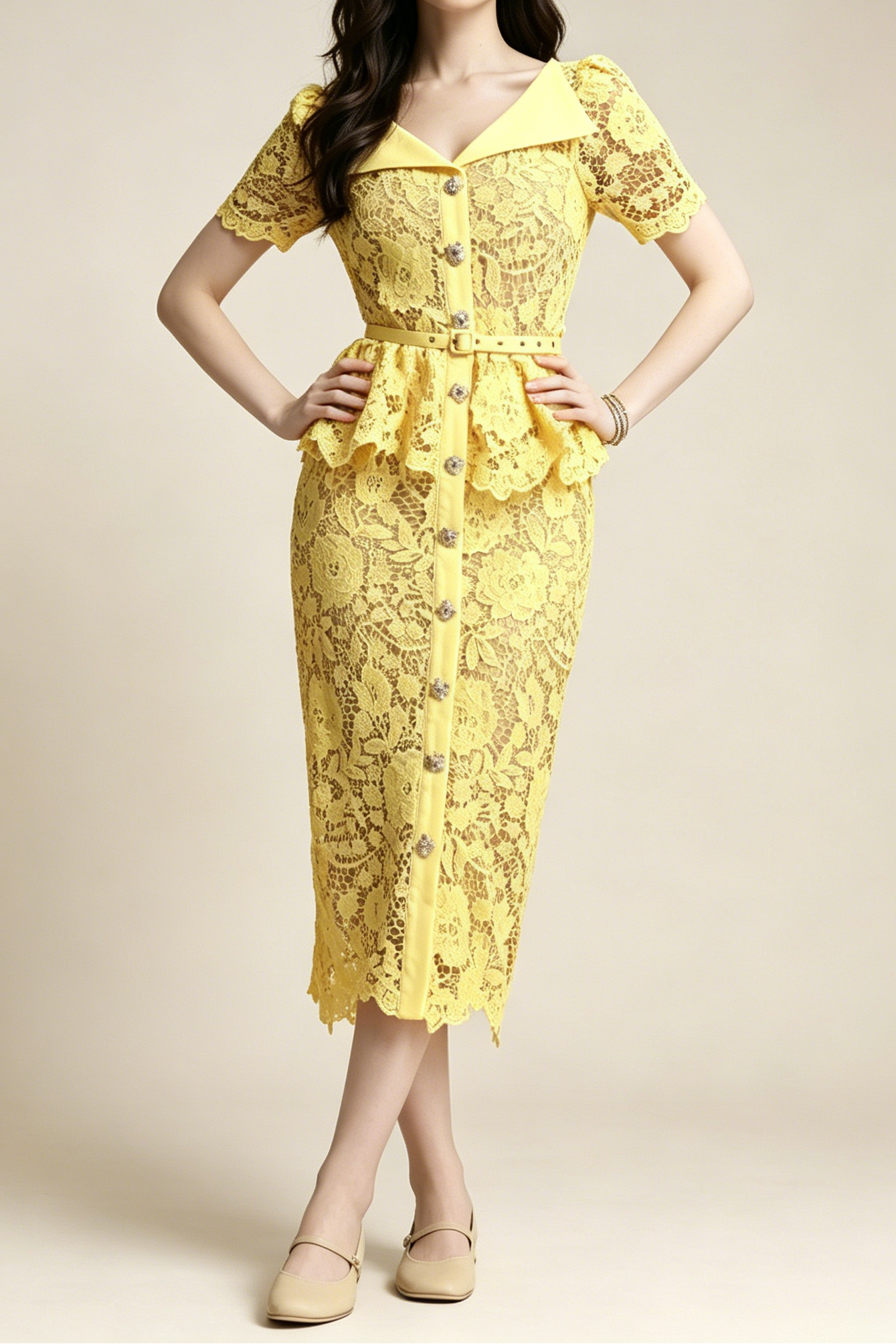 LEMON FLORAL LACE PEPLUM MIDI DRESS W/ LAPEL COLLAR