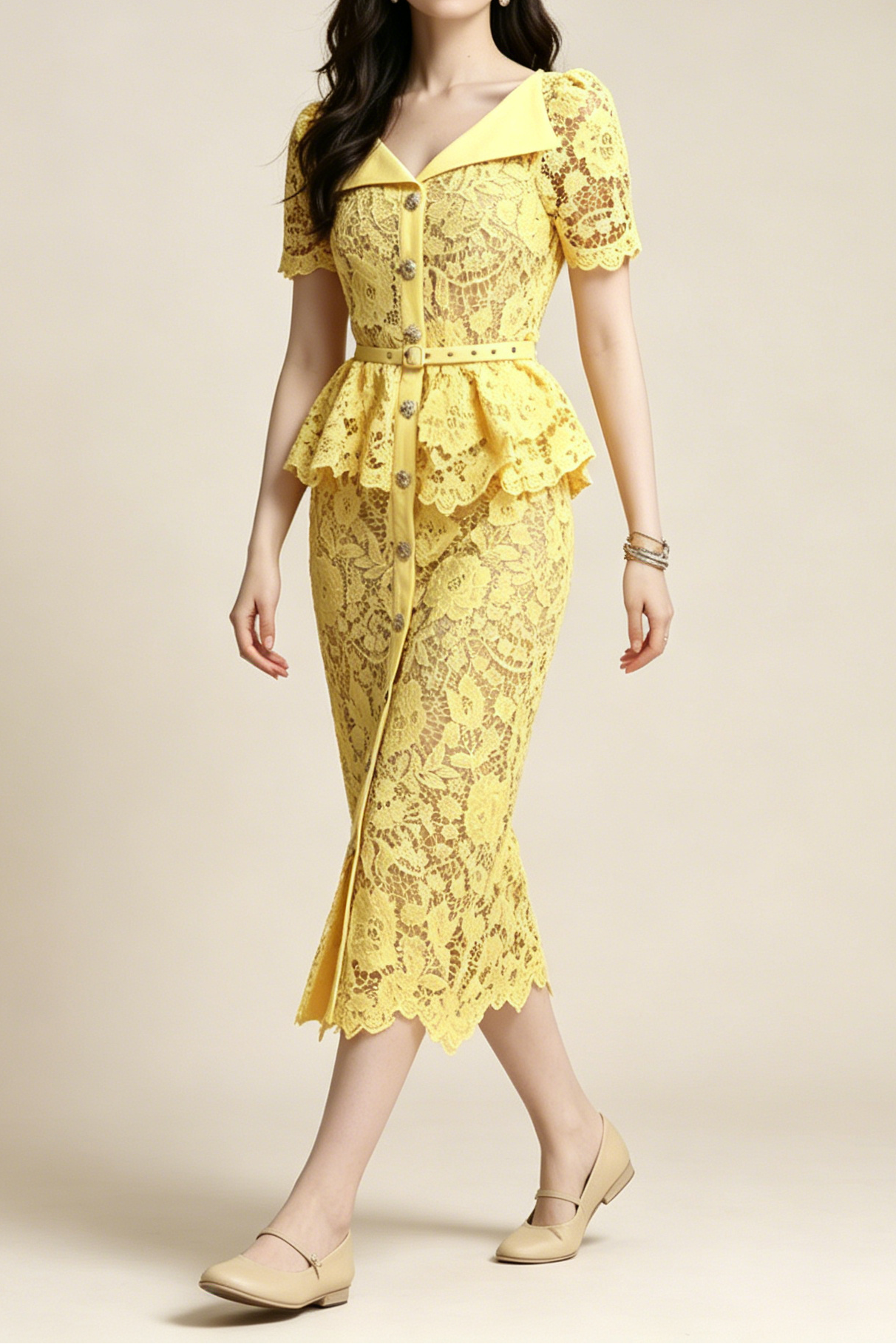 LEMON FLORAL LACE PEPLUM MIDI DRESS W/ LAPEL COLLAR