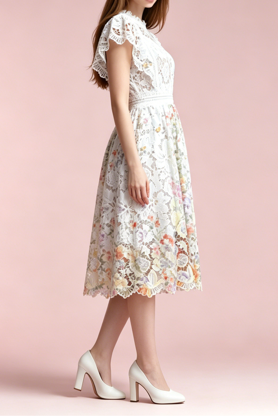 A_B_29 WHITE LACE CAP SLEEVE A-LINE MIDI DRESS FOR WEDDING GUEST