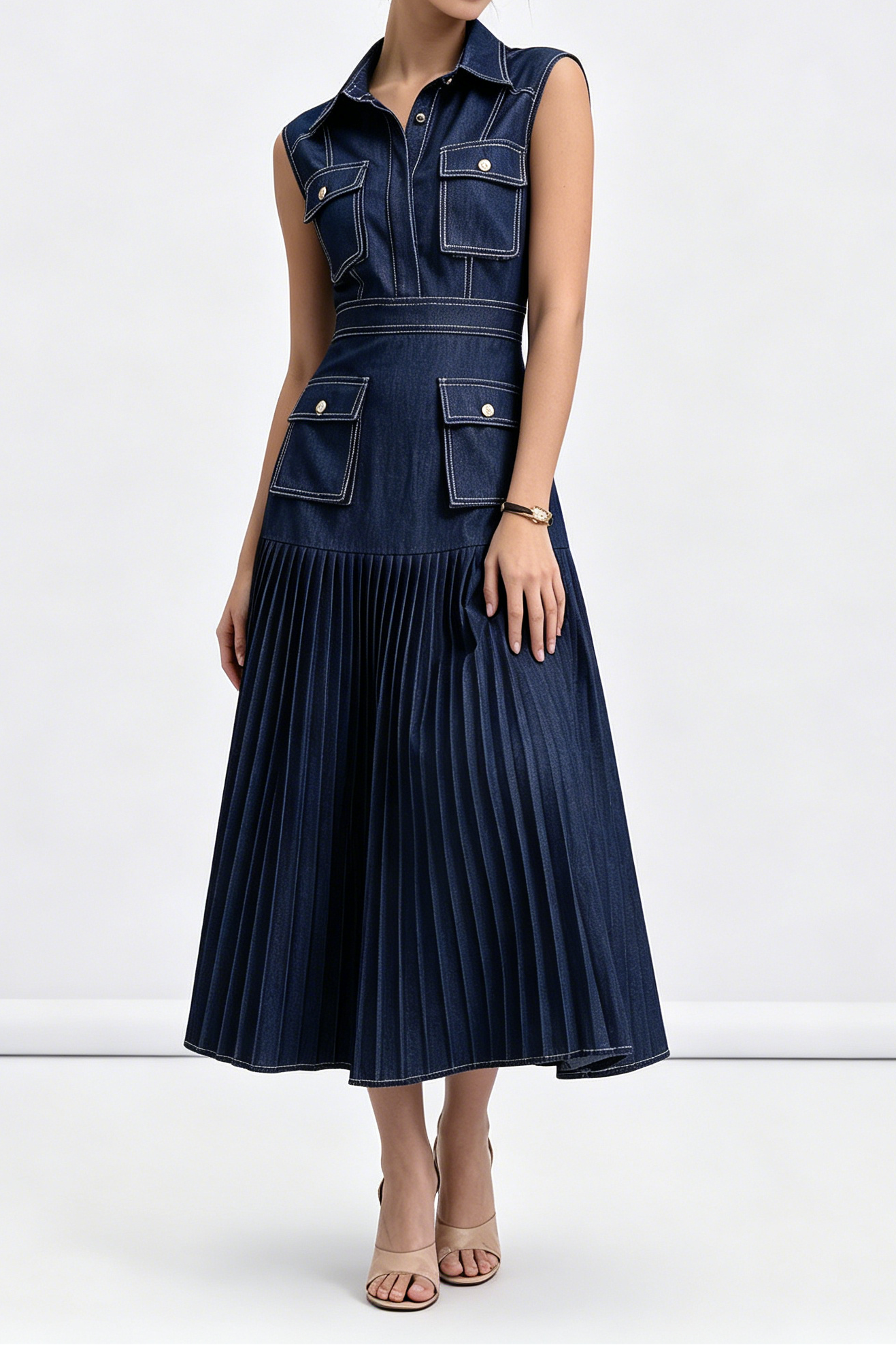 A_B_3 DARK DENIM SLEEVELESS CARGO POCKET SHIRT TOP PLEATED MIDI DRESS