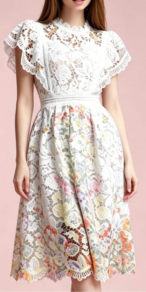 WHITE LACE CAP SLEEVE A-LINE MIDI DRESS FOR WEDDING GUEST