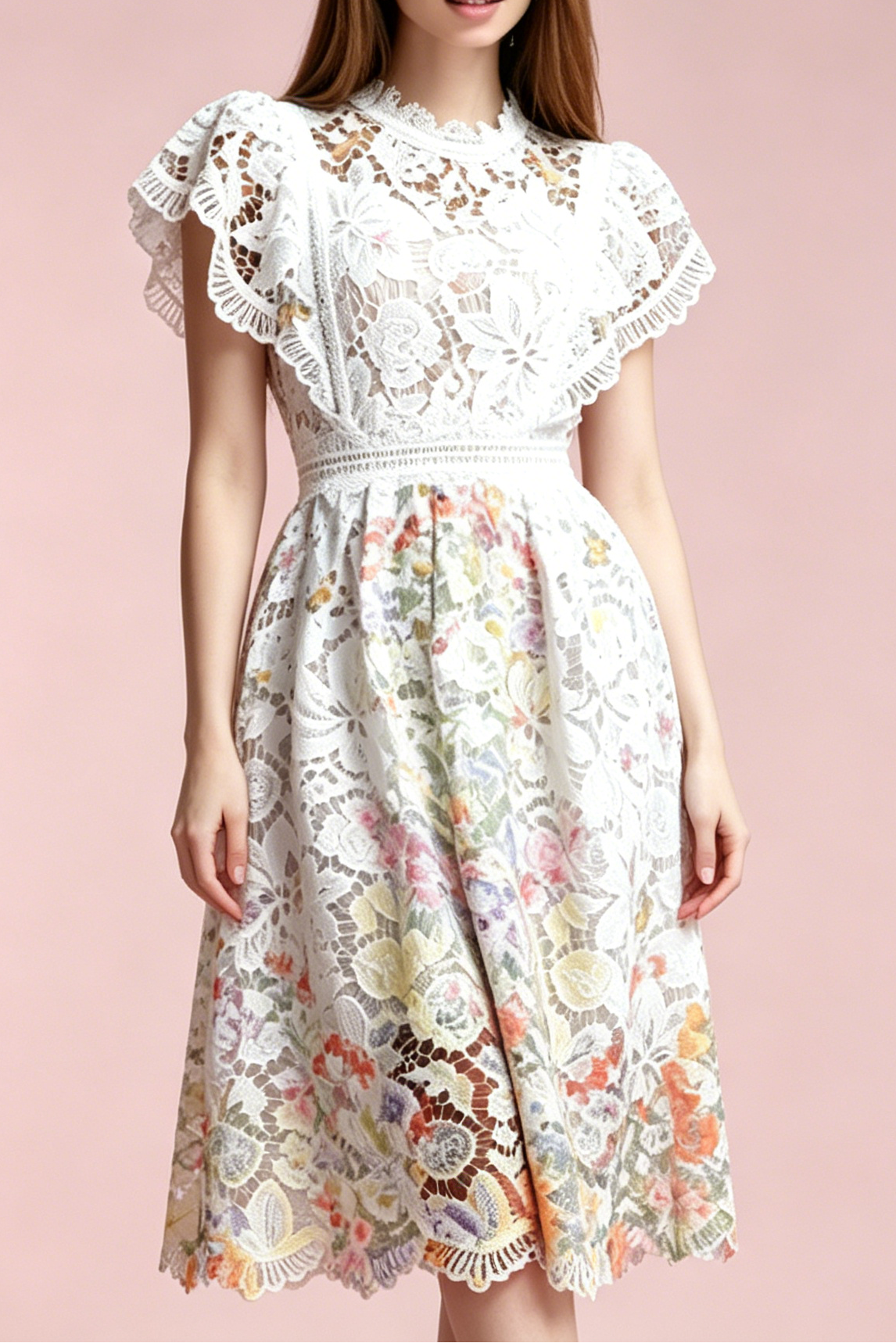 A_B_30 WHITE LACE CAP SLEEVE A-LINE MIDI DRESS FOR WEDDING GUEST
