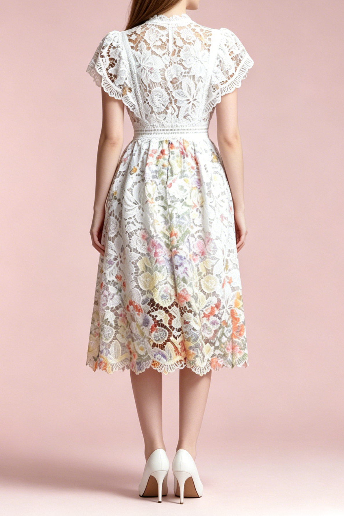 A_B_31 WHITE LACE CAP SLEEVE A-LINE MIDI DRESS FOR WEDDING GUEST