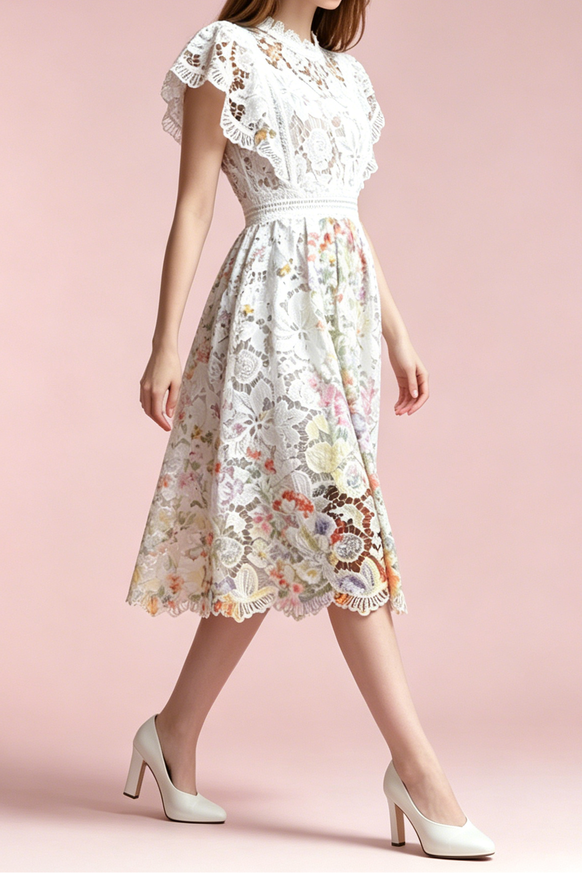 A_B_32 WHITE LACE CAP SLEEVE A-LINE MIDI DRESS FOR WEDDING GUEST