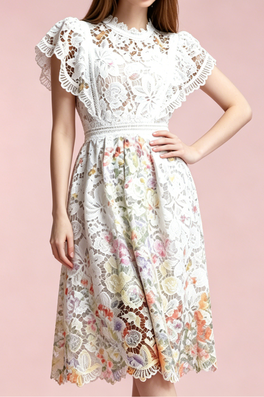A_B_33 WHITE LACE CAP SLEEVE A-LINE MIDI DRESS FOR WEDDING GUEST
