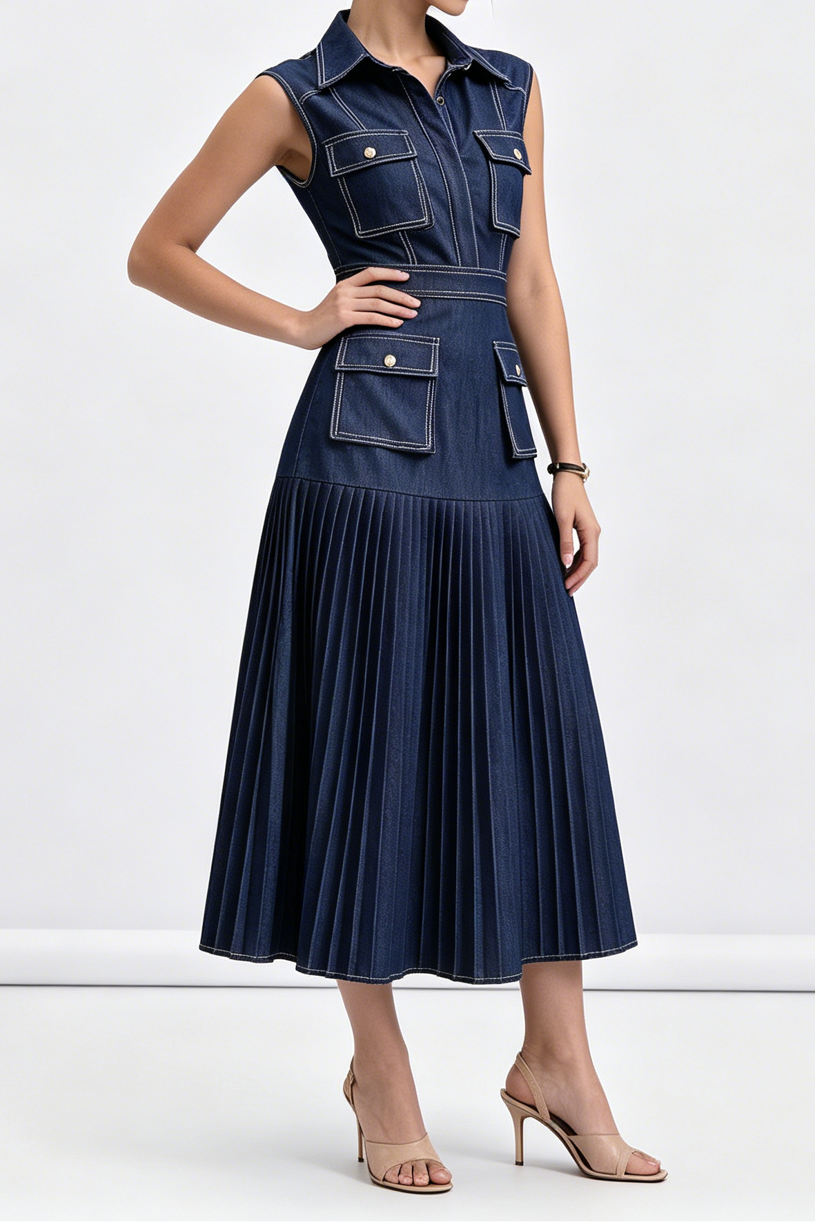 A_B_4 DARK DENIM SLEEVELESS CARGO POCKET SHIRT TOP PLEATED MIDI DRESS