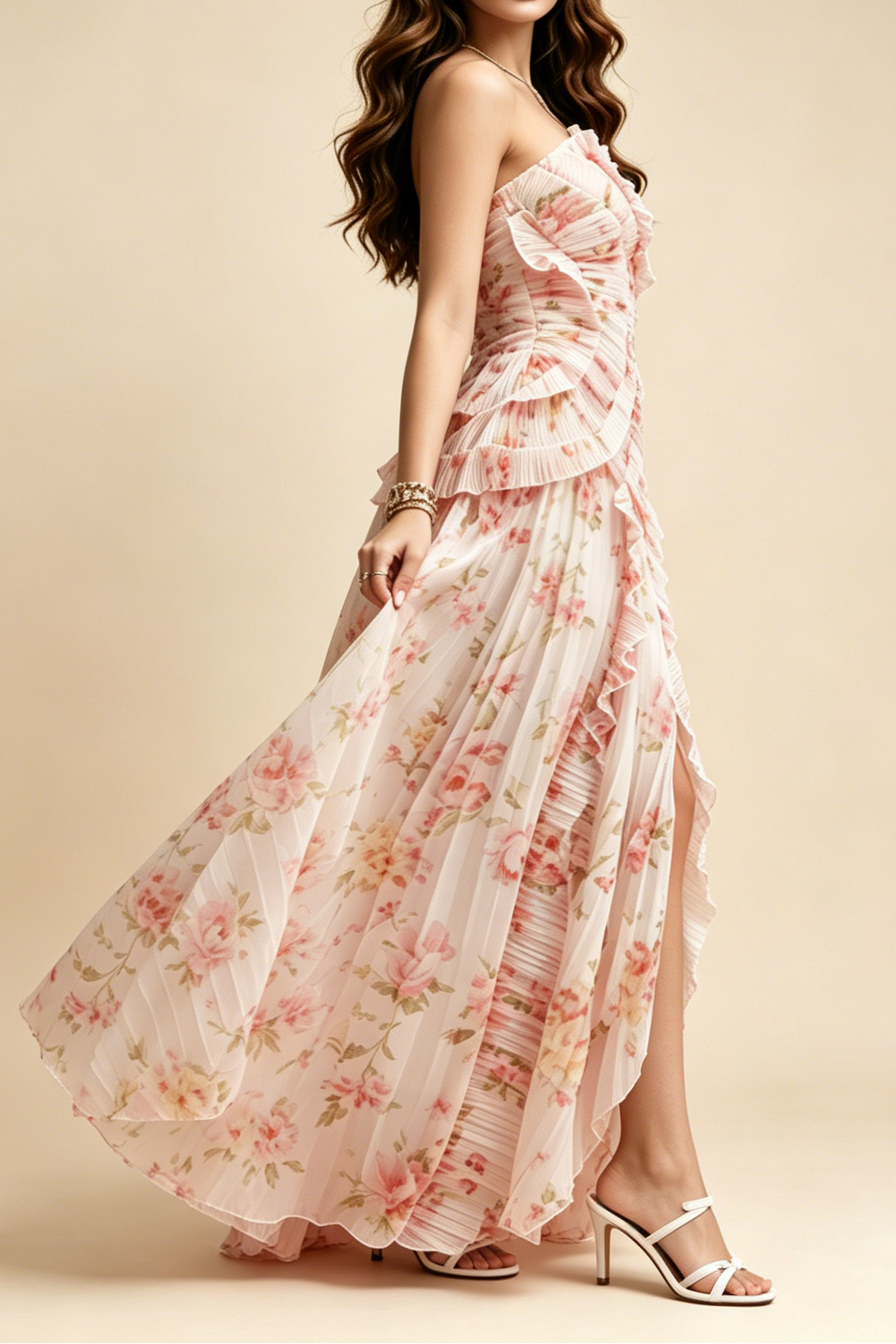A_B_42 PASTEL PINK FLORAL PLEATED HALTER RUFFLE HIGH SLIT MAXI DRESS