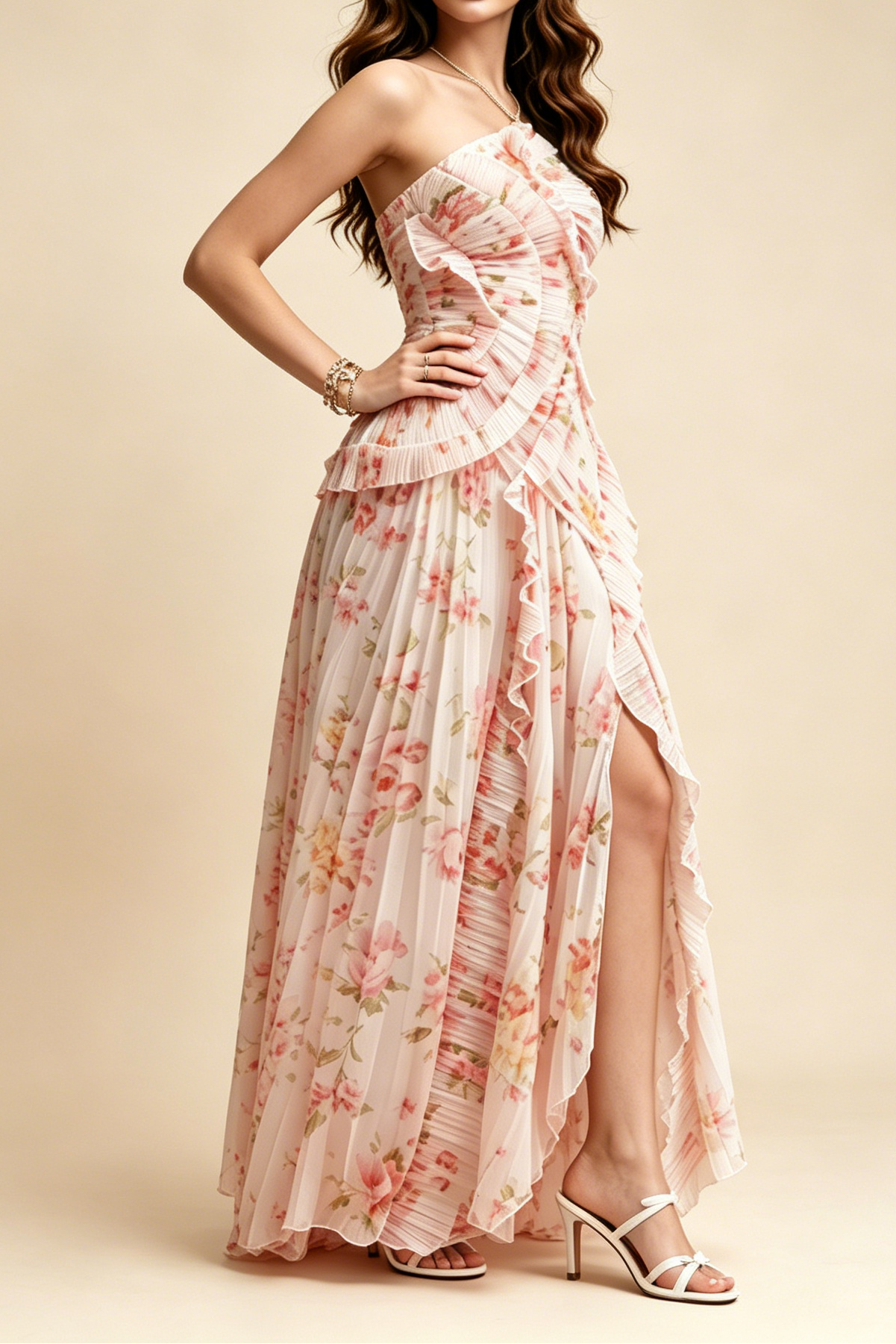 A_B_44 PASTEL PINK FLORAL PLEATED HALTER RUFFLE HIGH SLIT MAXI DRESS