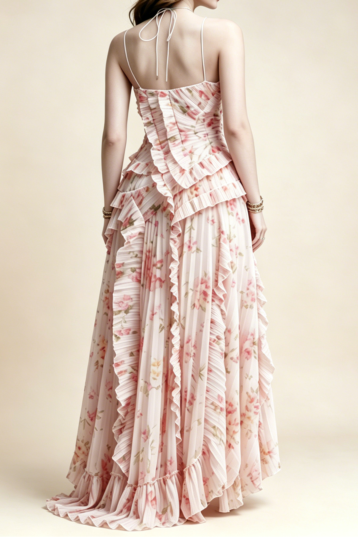 A_B_45 PASTEL PINK FLORAL PLEATED HALTER RUFFLE HIGH SLIT MAXI DRESS