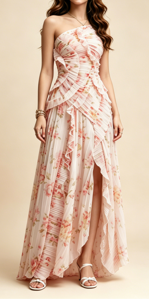 A_B_46 PASTEL PINK FLORAL PLEATED HALTER RUFFLE HIGH SLIT MAXI DRESS