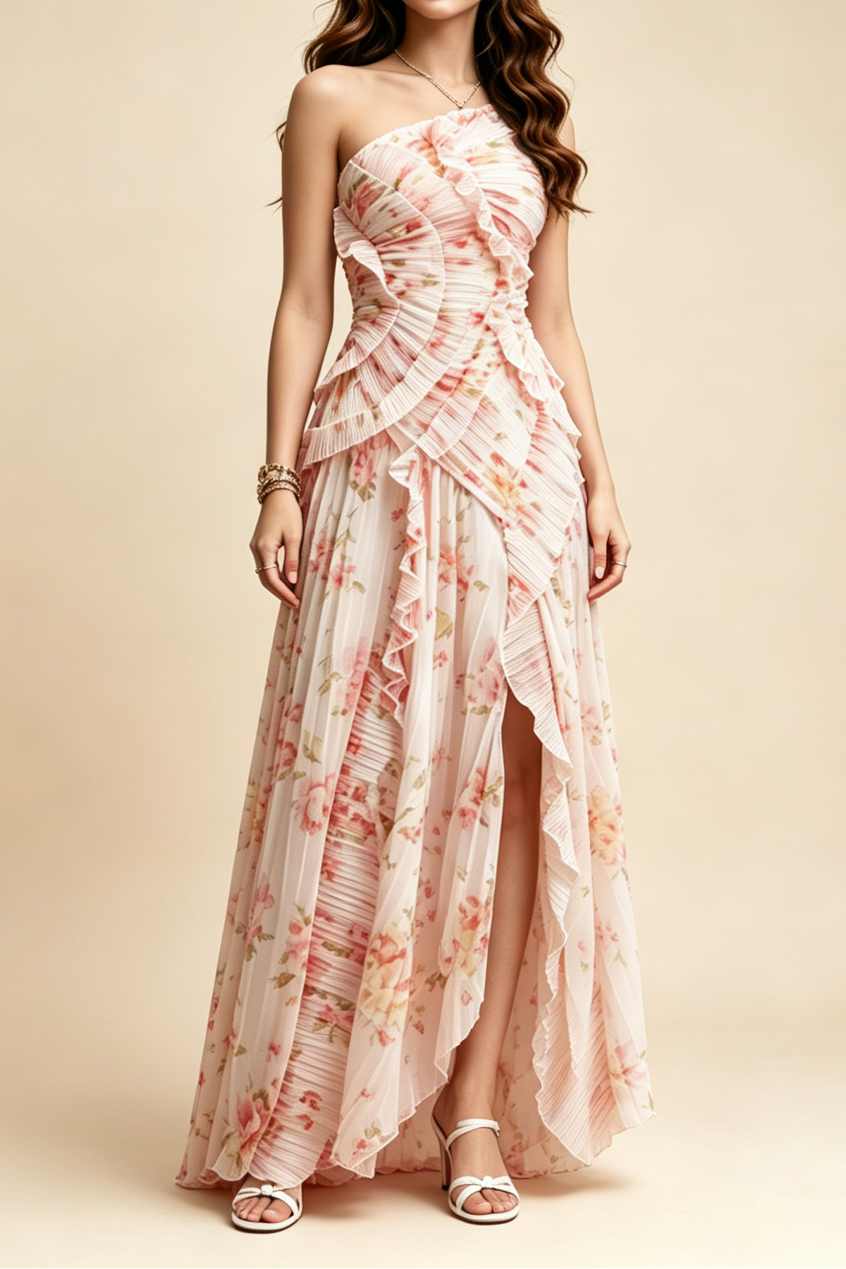 A_B_46 PASTEL PINK FLORAL PLEATED HALTER RUFFLE HIGH SLIT MAXI DRESS