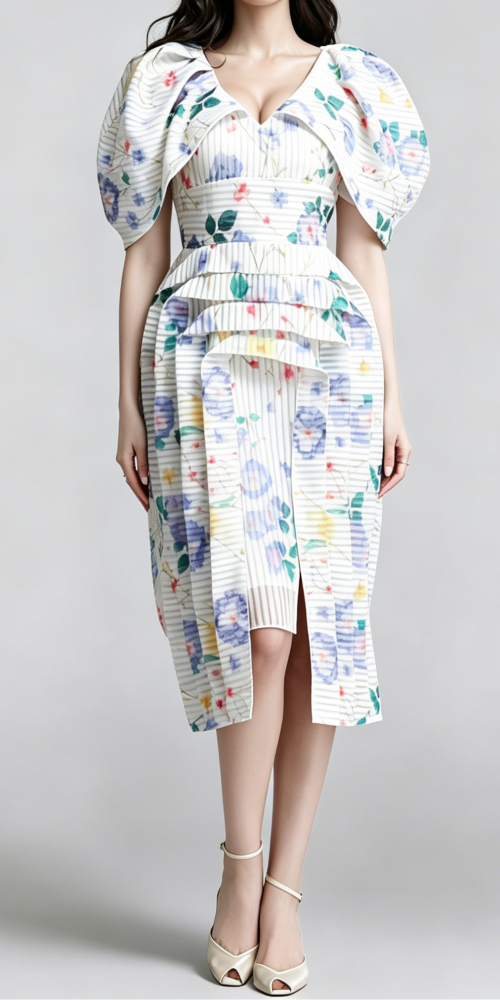 WATERCOLOR FLORAL PUFF SLEEVE TIERED MIDI DRESS