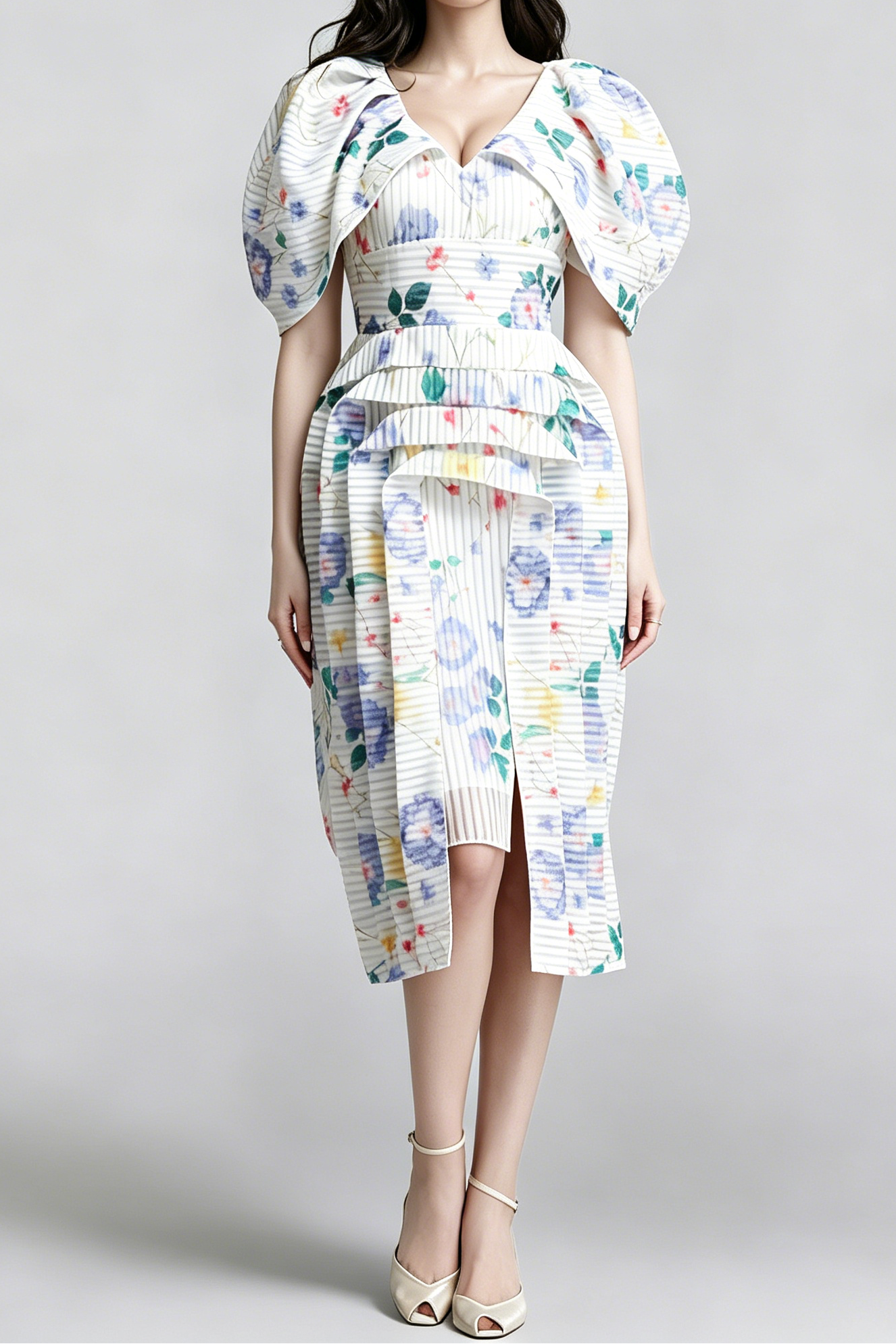 A_B_5 WATERCOLOR FLORAL PUFF SLEEVE TIERED MIDI DRESS