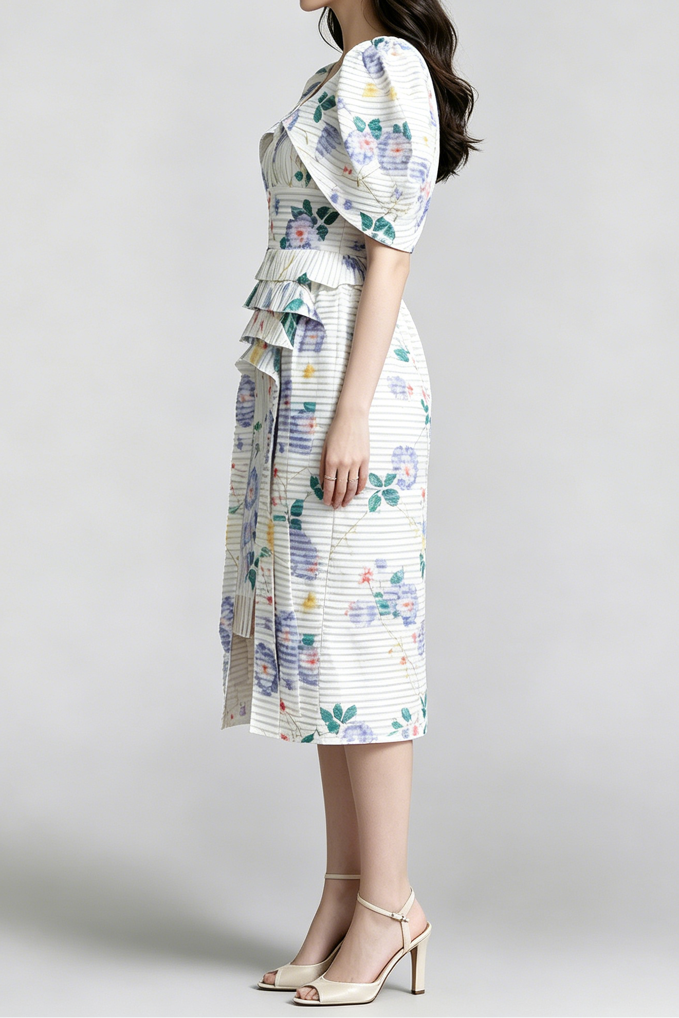 A_B_6 WATERCOLOR FLORAL PUFF SLEEVE TIERED MIDI DRESS