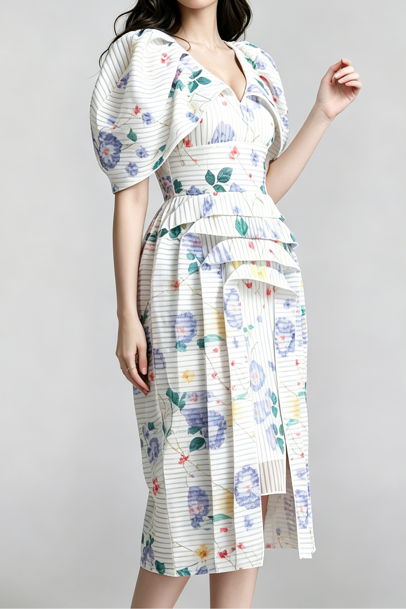 A_B_7 WATERCOLOR FLORAL PUFF SLEEVE TIERED MIDI DRESS