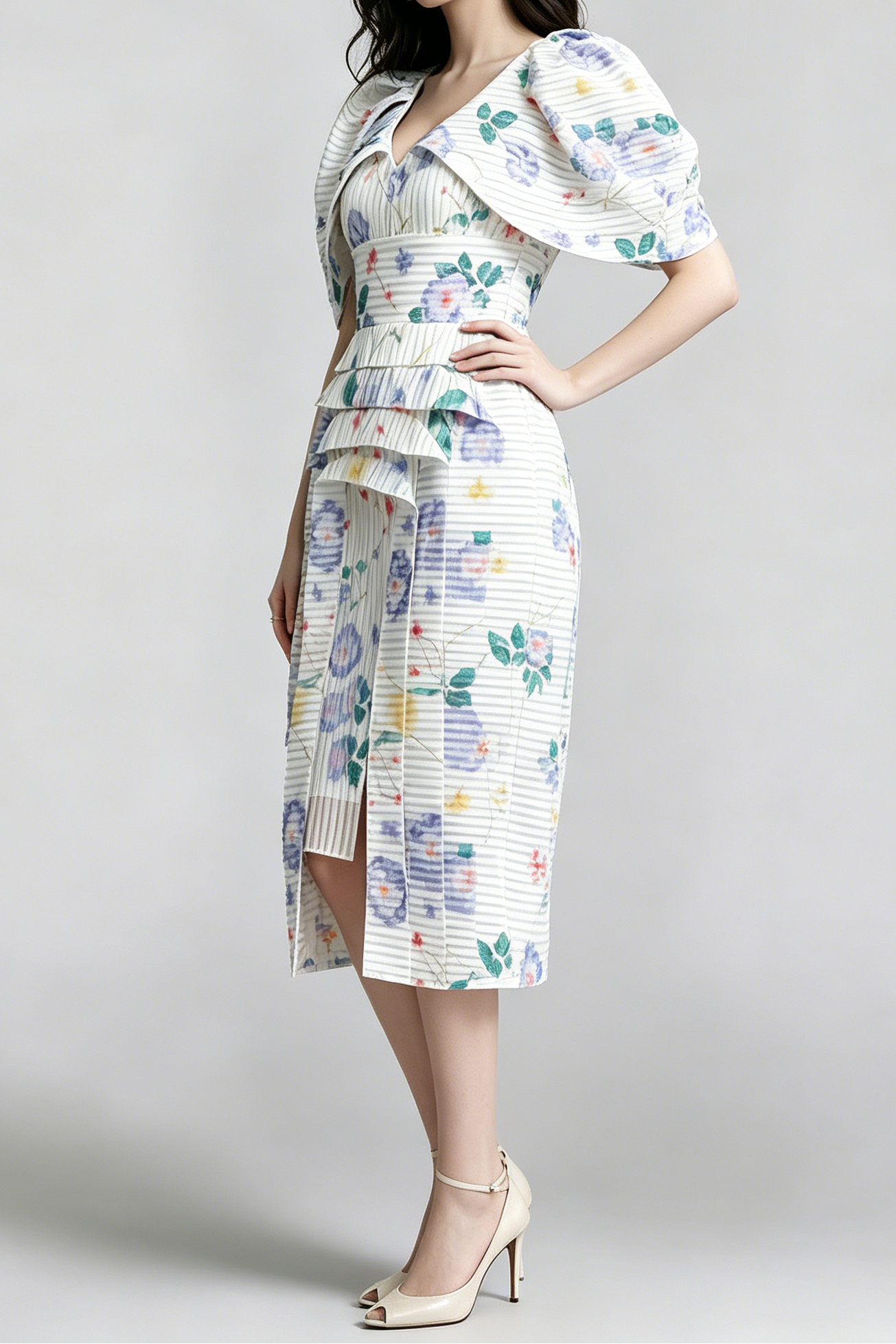 A_B_8 WATERCOLOR FLORAL PUFF SLEEVE TIERED MIDI DRESS
