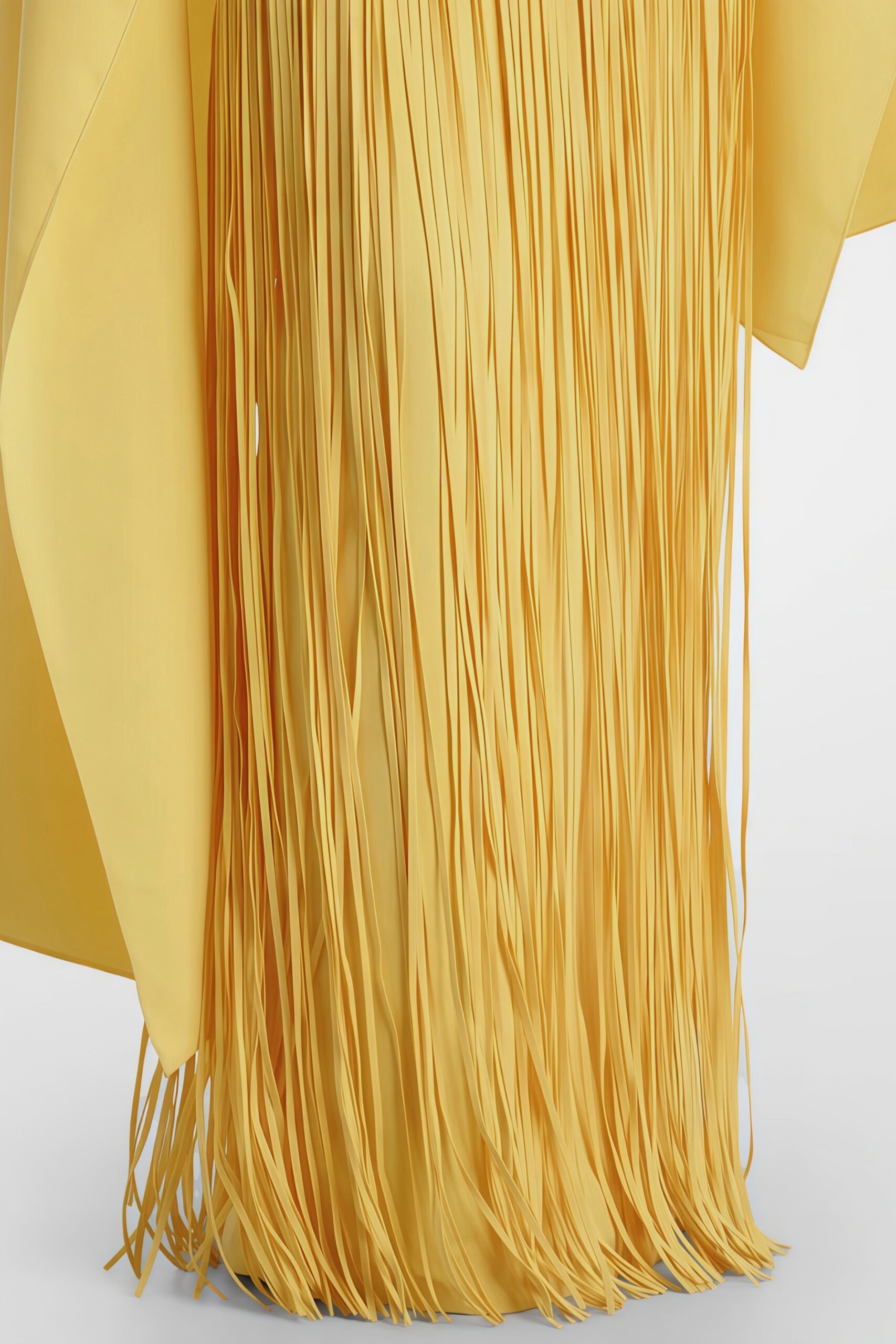 PALE YELLOW CAPE OVERLAY DIAGONAL FRINGE MERMAID MAXI GOWN