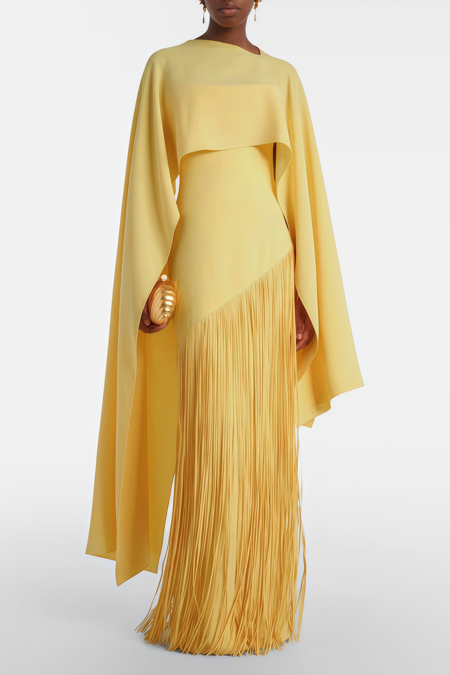 PALE YELLOW CAPE OVERLAY DIAGONAL FRINGE MERMAID MAXI GOWN