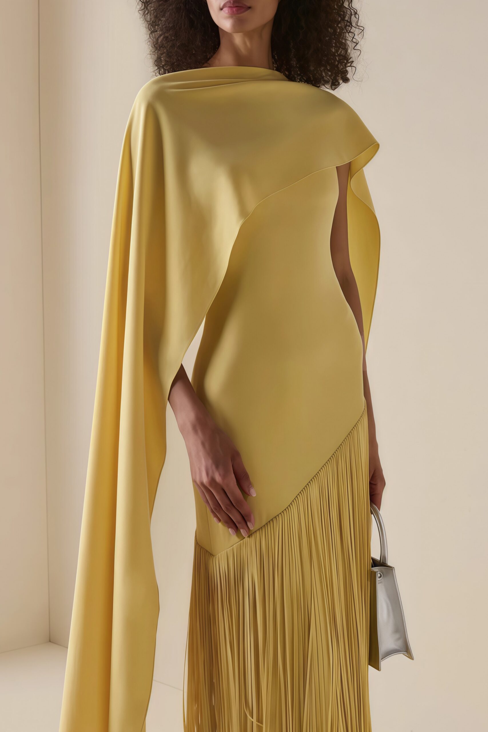 PALE YELLOW CAPE OVERLAY DIAGONAL FRINGE MERMAID MAXI GOWN