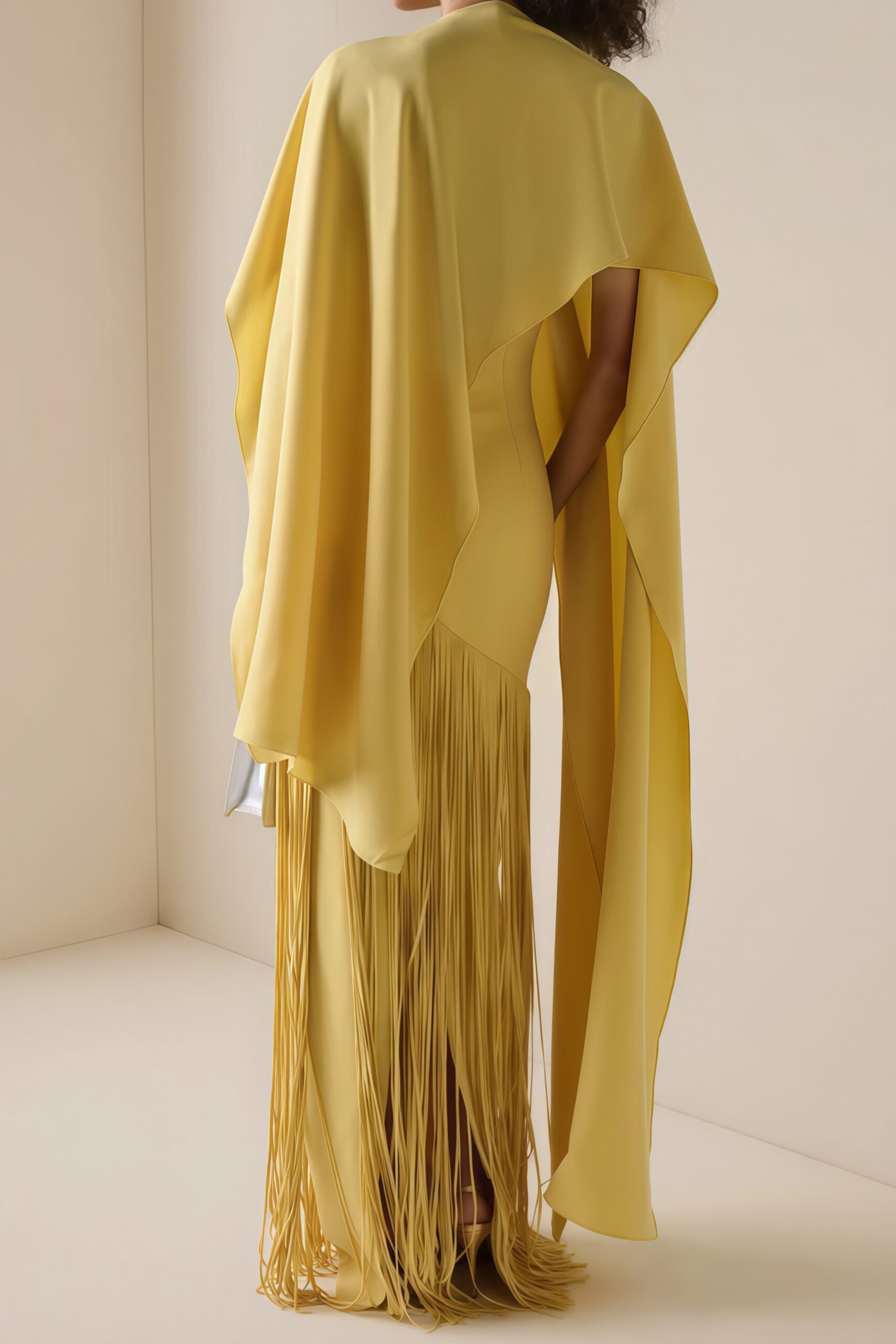 PALE YELLOW CAPE OVERLAY DIAGONAL FRINGE MERMAID MAXI GOWN