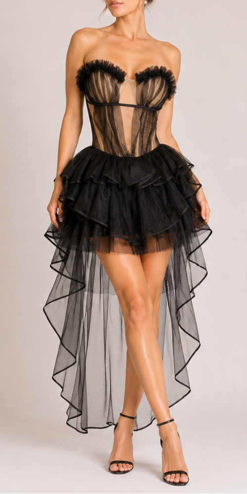 ChatGPTImageJul2_2026_01_11_38PM BLACK STRAPLESS RUFFLE MESH CORSET TOP & HIGH LOW TULLE SKIRT SET