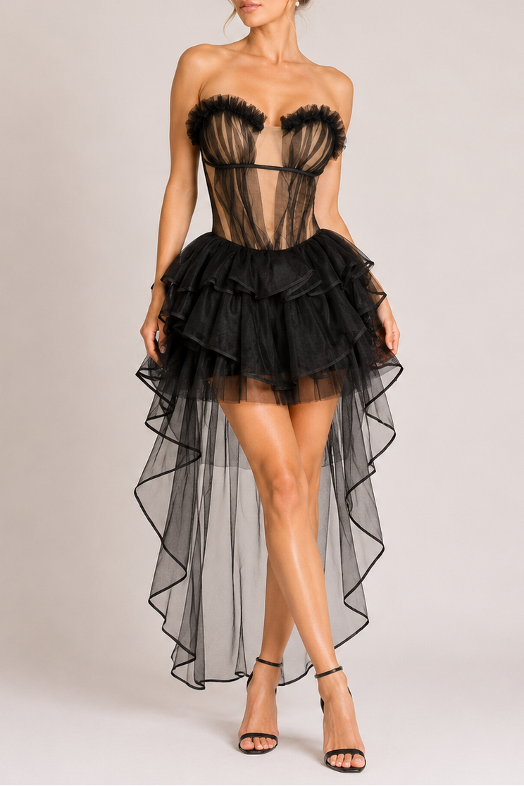 ChatGPTImageJul2_2026_01_11_38PM BLACK STRAPLESS RUFFLE MESH CORSET TOP & HIGH LOW TULLE SKIRT SET