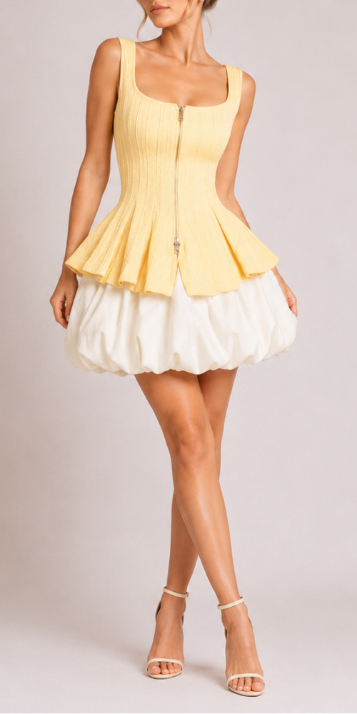 YELLOW SQUARE NECK RIBBED PEPLUM TANK TOP & WHITE BUBBLE MINI SKIRT SET