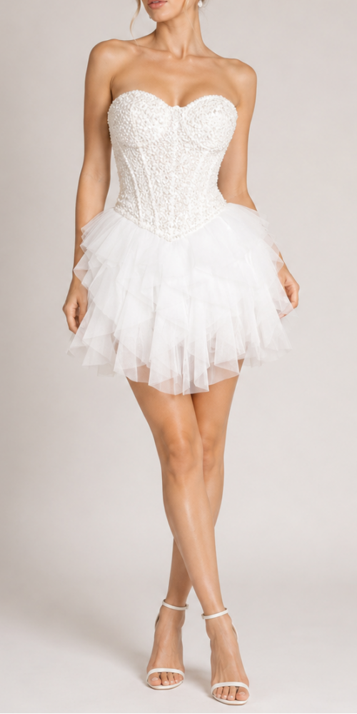 BEADED STRAPLESS CORSET & RUFFLE TULLE MINI SKIRT TWO-PIECE SET