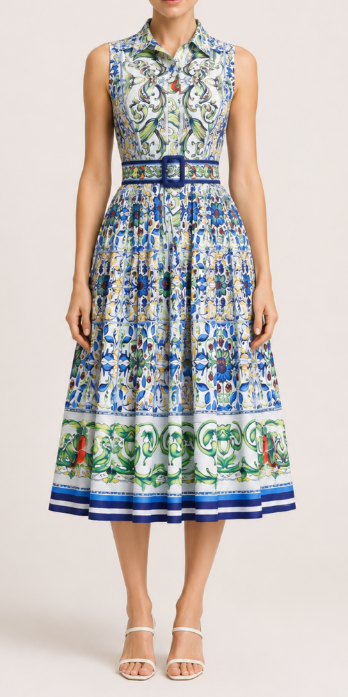 ChatGPT_Image_2026_7_29_00_51_39 SLEEVELESS COLLARED TILE PRINT BELTED A-LINE MIDI DRESS
