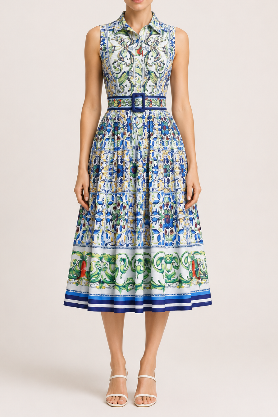 ChatGPT_Image_2026_7_29_00_51_39 SLEEVELESS COLLARED TILE PRINT BELTED A-LINE MIDI DRESS