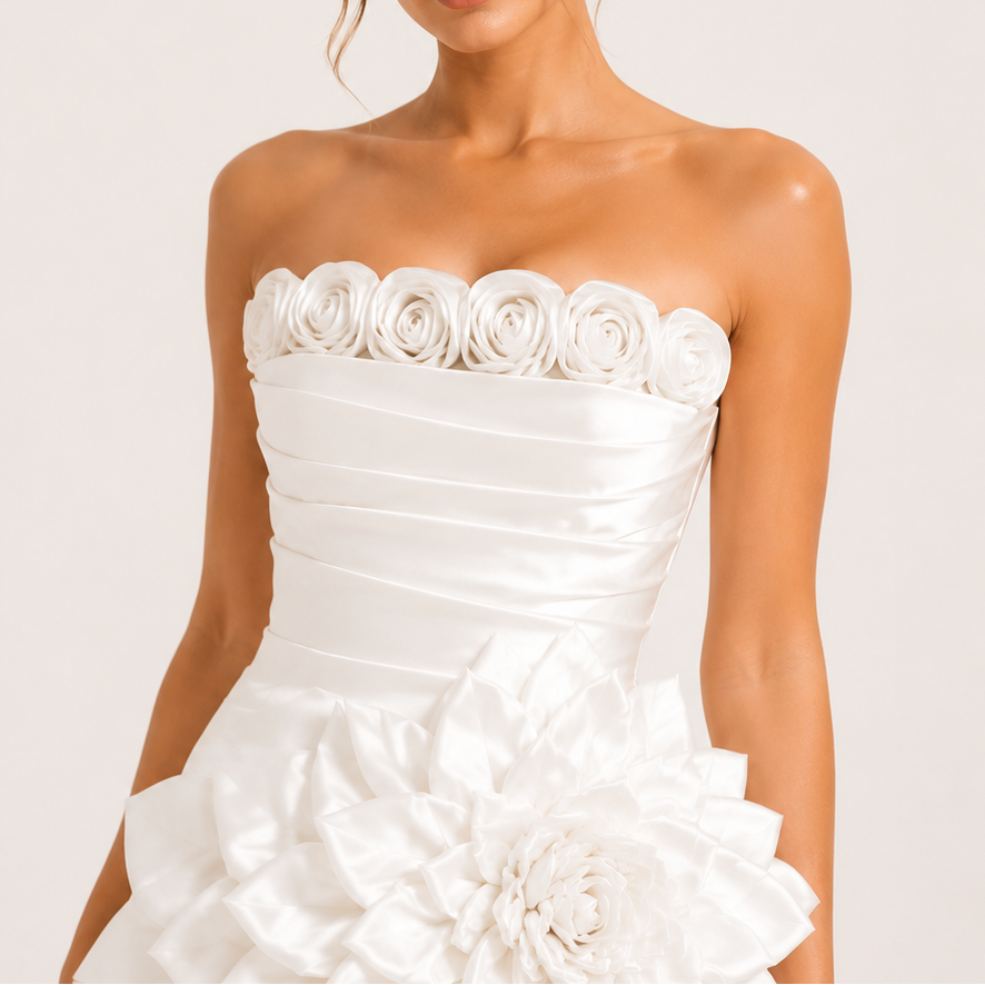 ChatGPT_Image_2026_7_29_12_56_53 STRAPLESS 3D FLORAL WHITE SATIN MINI DRESS