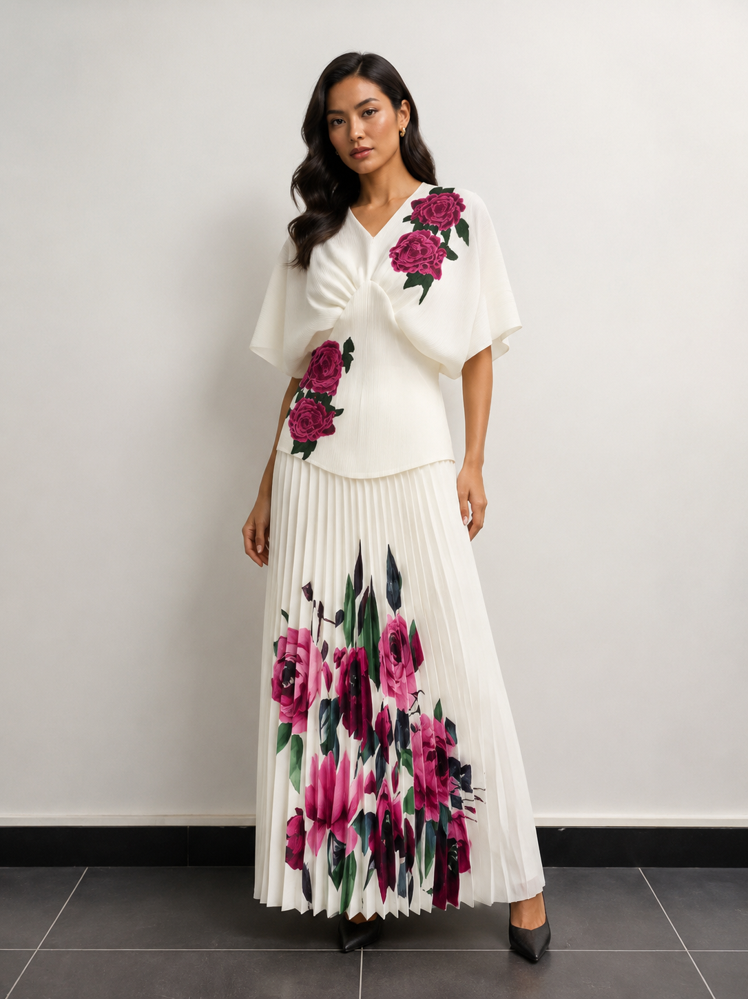 FLORAL PLEATED TWO-PIECE SET FOR WEDDING GUEST