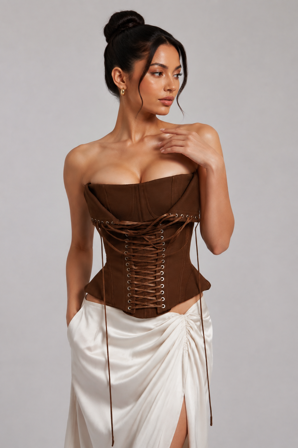 STRAPLESS LACE-UP BACK BROWN CORSET TOP