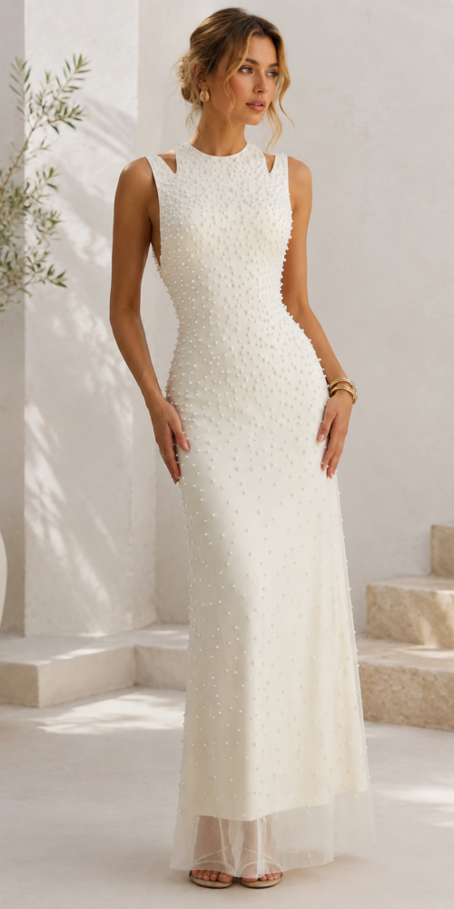 WHITE BEADED MERMAID GOWN SLEEVELESS CUTOUT PEARL MESH MAXI