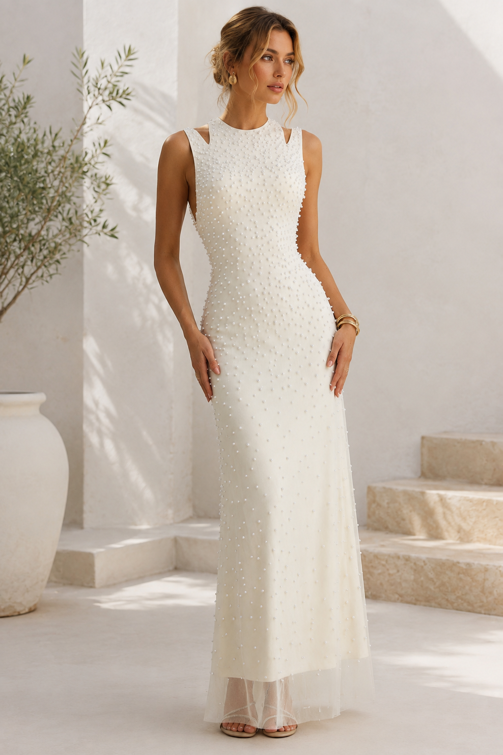 WHITE BEADED MERMAID GOWN SLEEVELESS CUTOUT PEARL MESH MAXI