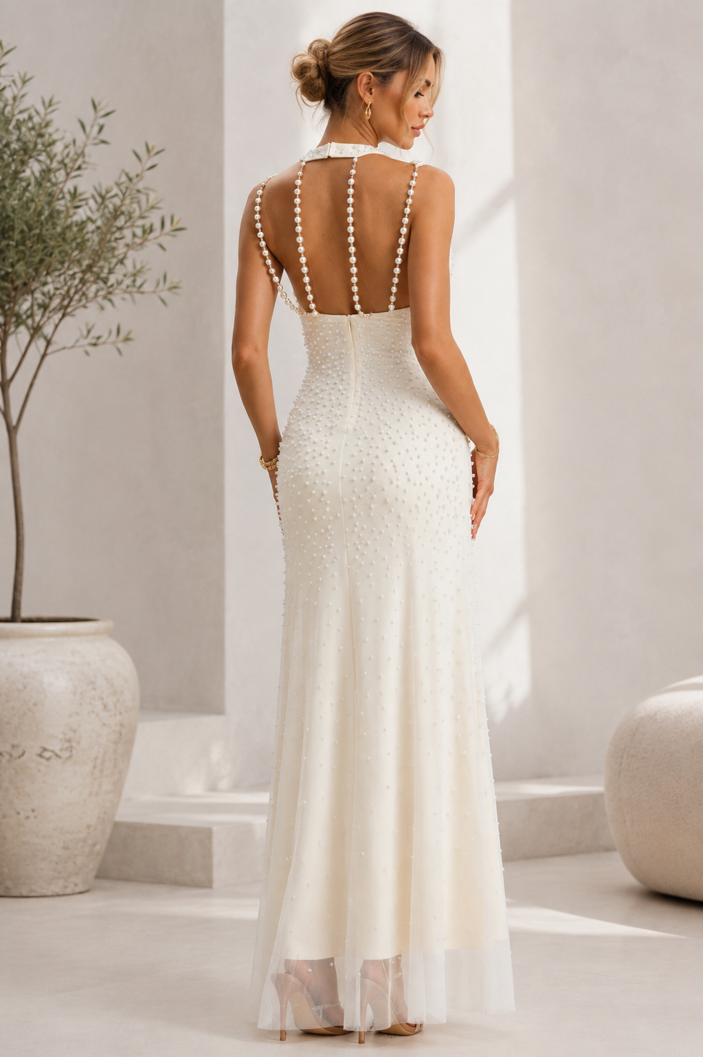 WHITE BEADED MERMAID GOWN SLEEVELESS CUTOUT PEARL MESH MAXI