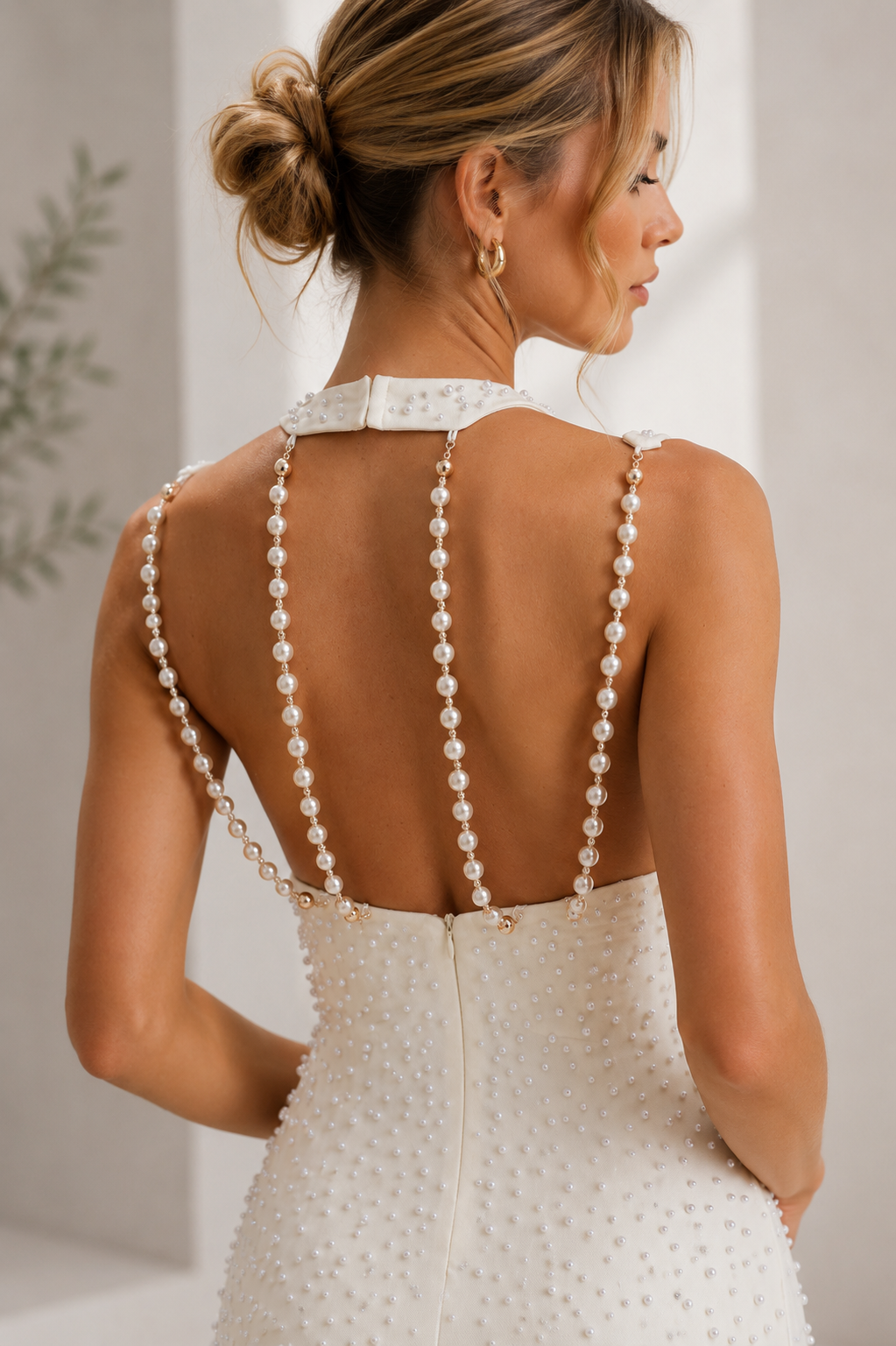 WHITE BEADED MERMAID GOWN SLEEVELESS CUTOUT PEARL MESH MAXI