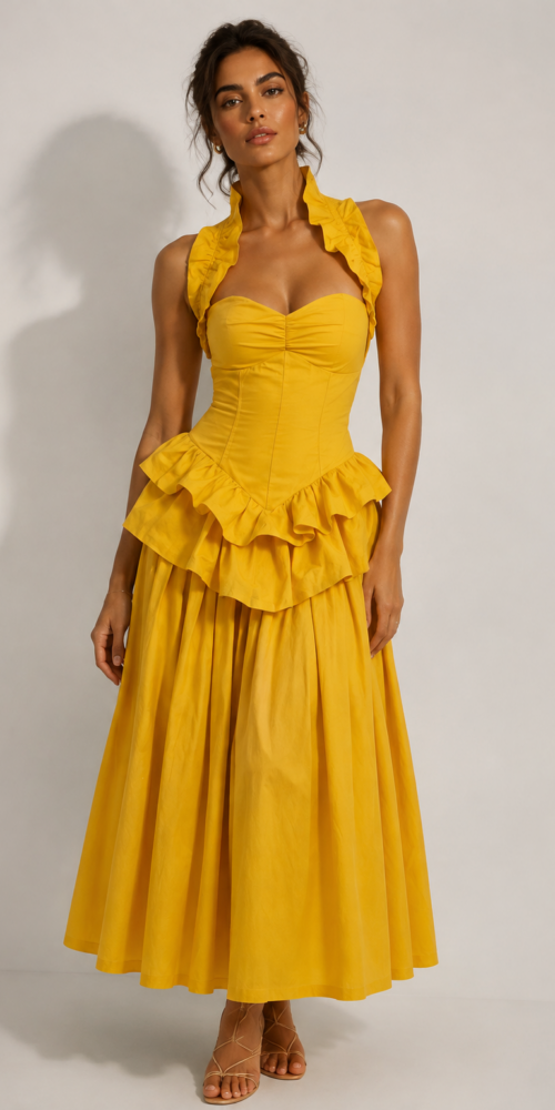 ChatGPT_Image_2026_8_6_17_40_53 YELLOW RUFFLED PEPLUM MIDI DRESS FOR WEDDING GUEST