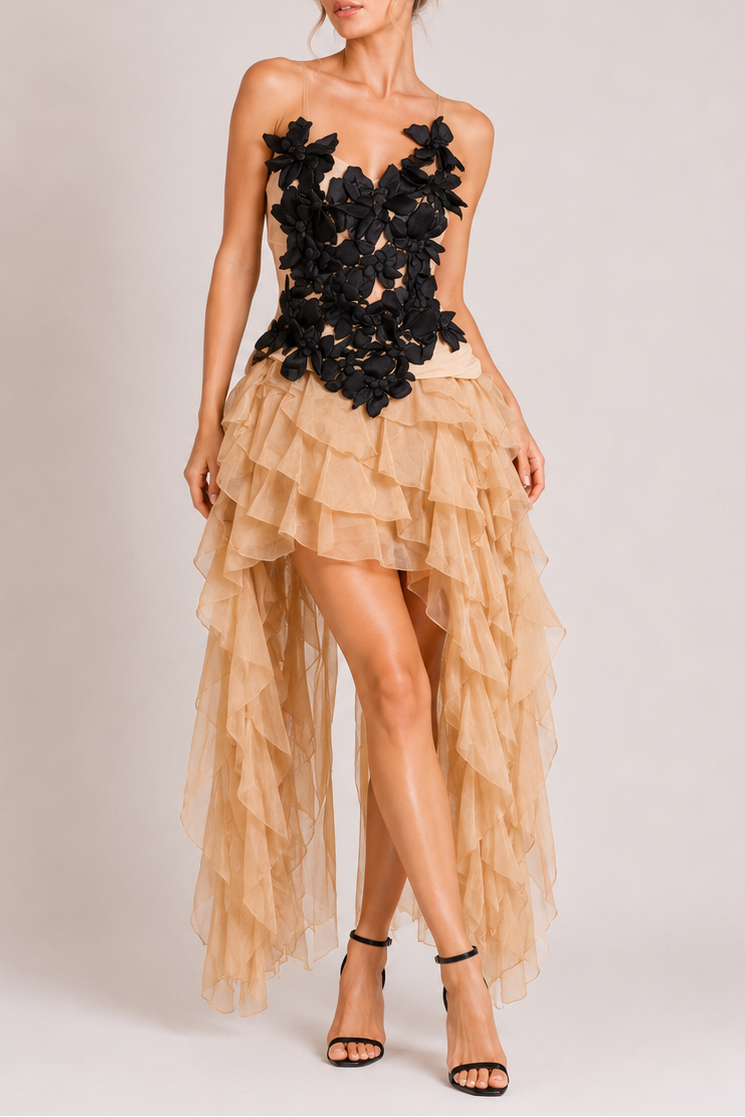 NUDE SHEER STRAP BLACK 3D FLORAL CORSET TOP & HIGH LOW RUFFLE TULLE SKIRT SET