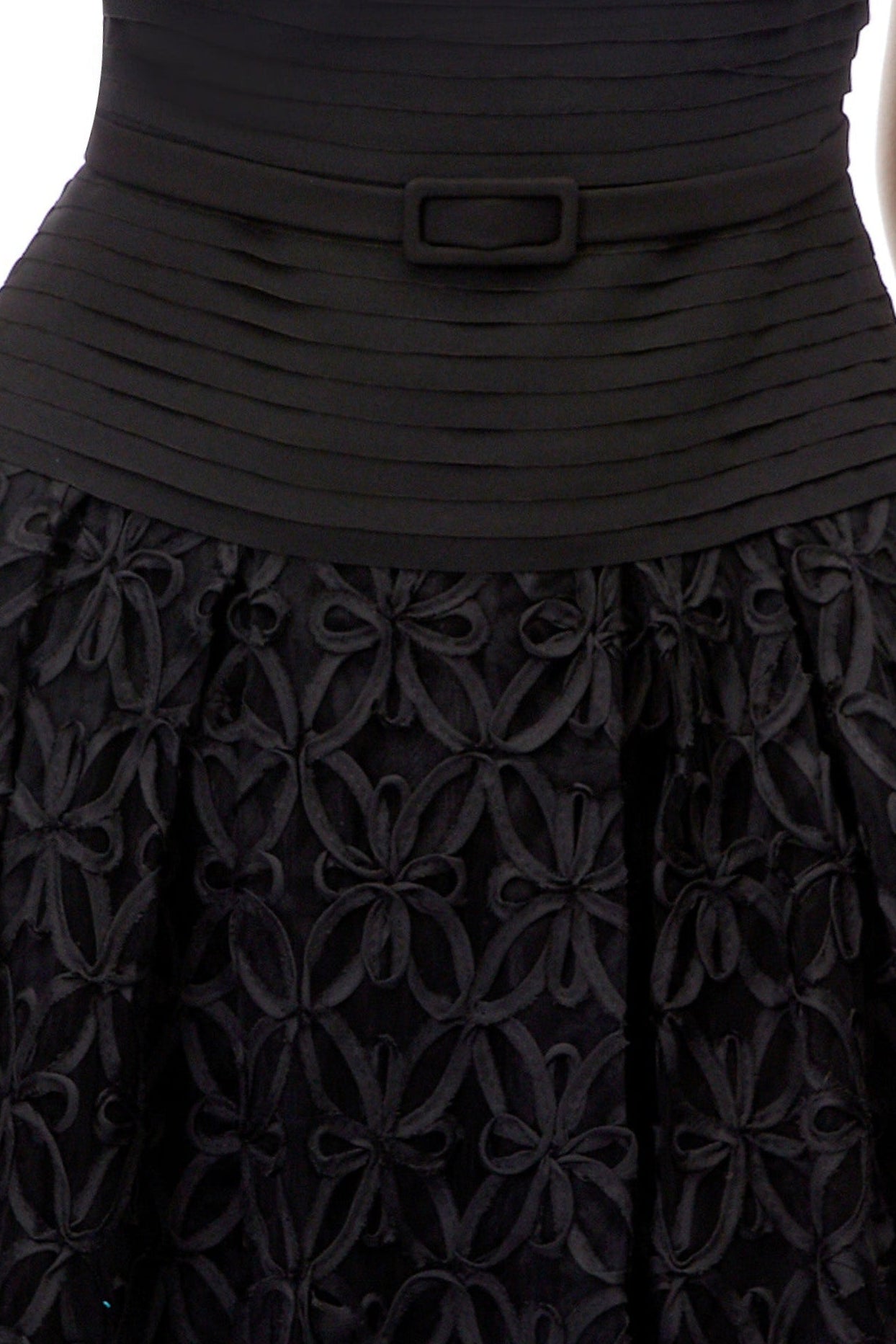 ConstanceBlackRuchedLaceMaxiDress_2 BLACK LACE MIDI DRESS, SPAGHETTI STRAP PLEATED BODICE, FLORAL CUTOUT