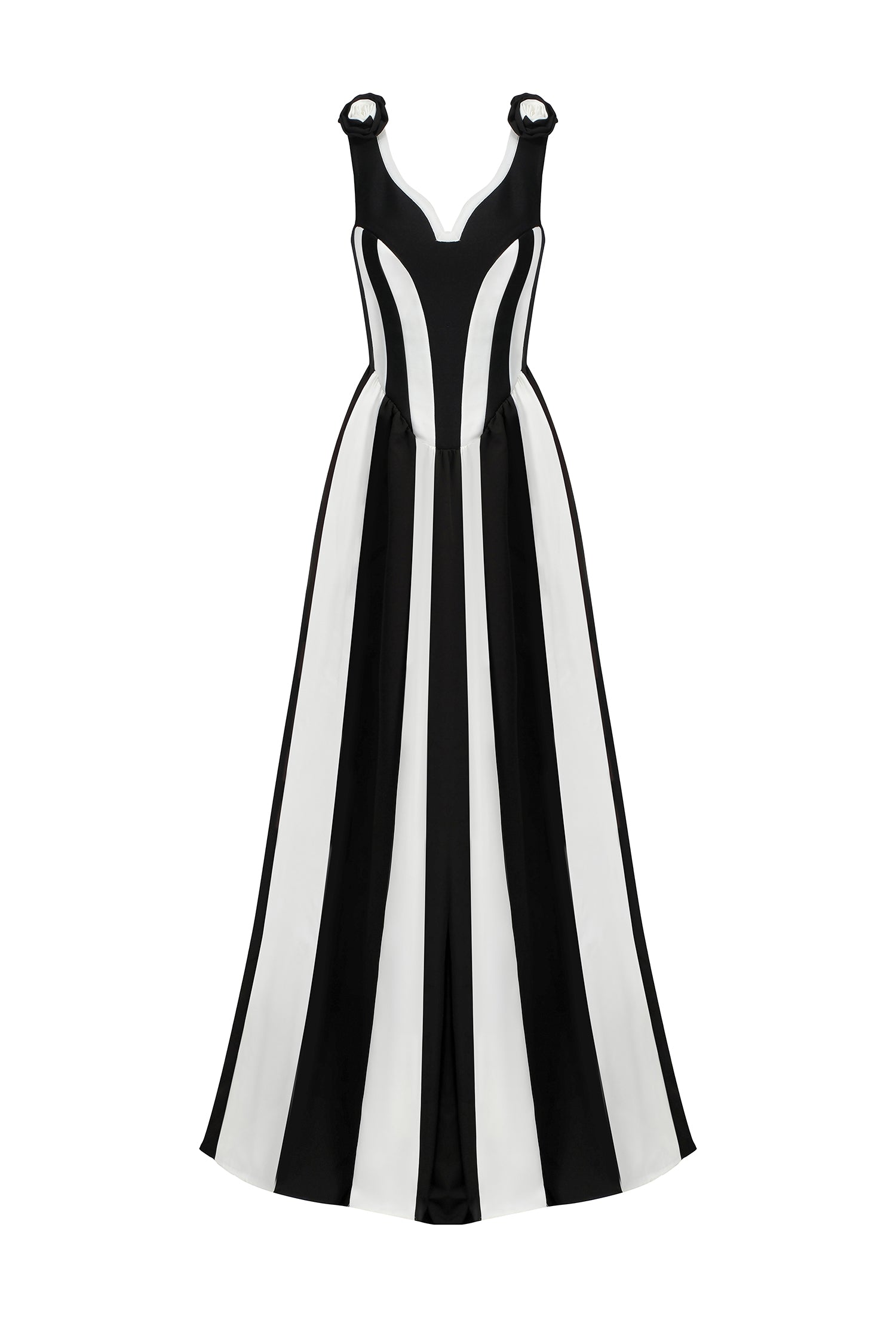 D250201449-Floral BLACK & WHITE STRIPE FLORAL APPLIQUÉ SLEEVELESS MAXI GOWN