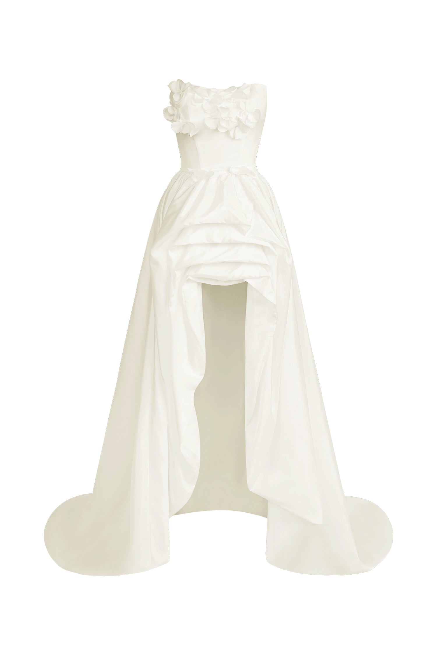 STRAPLESS 3D FLOWER HIGH-LOW SATIN PROM GOWN